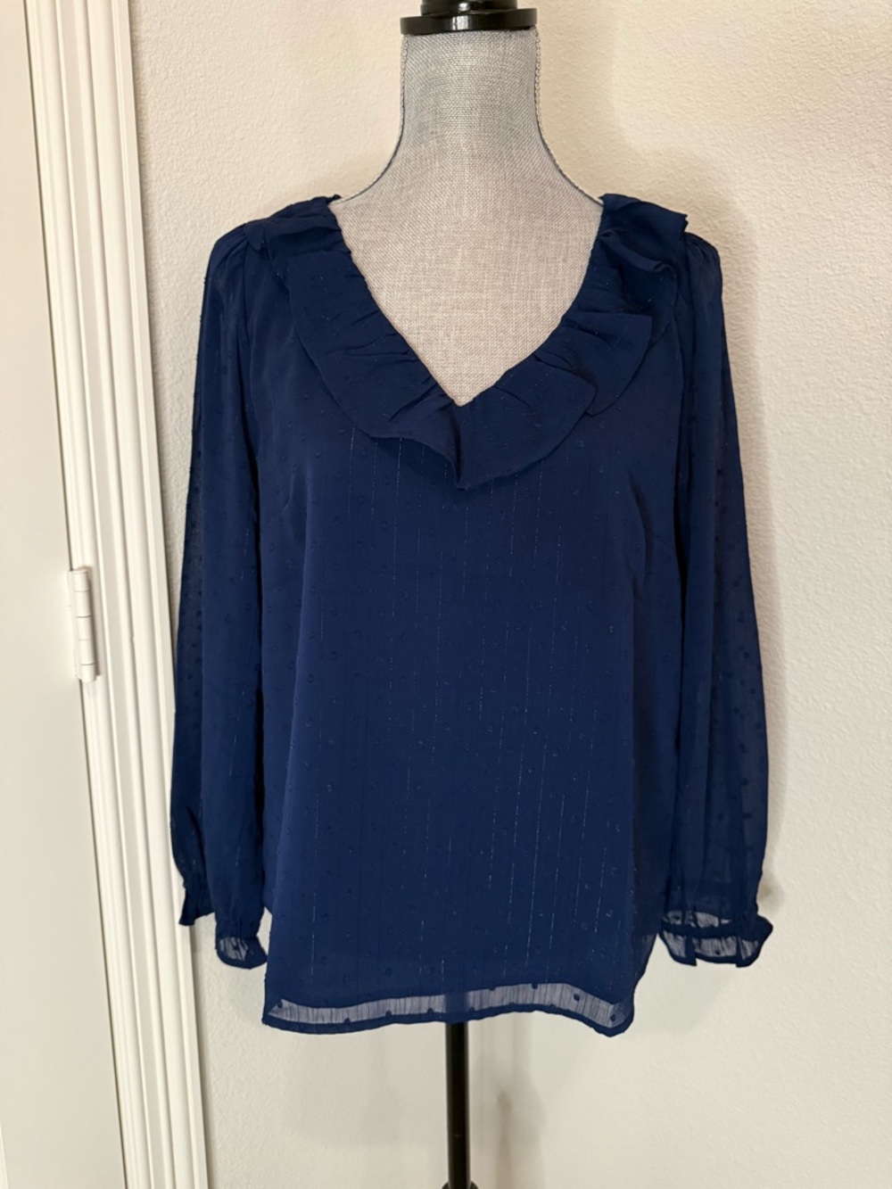 J. Crew Navy Ruffle V-Neck Long Sleeve Blouse
